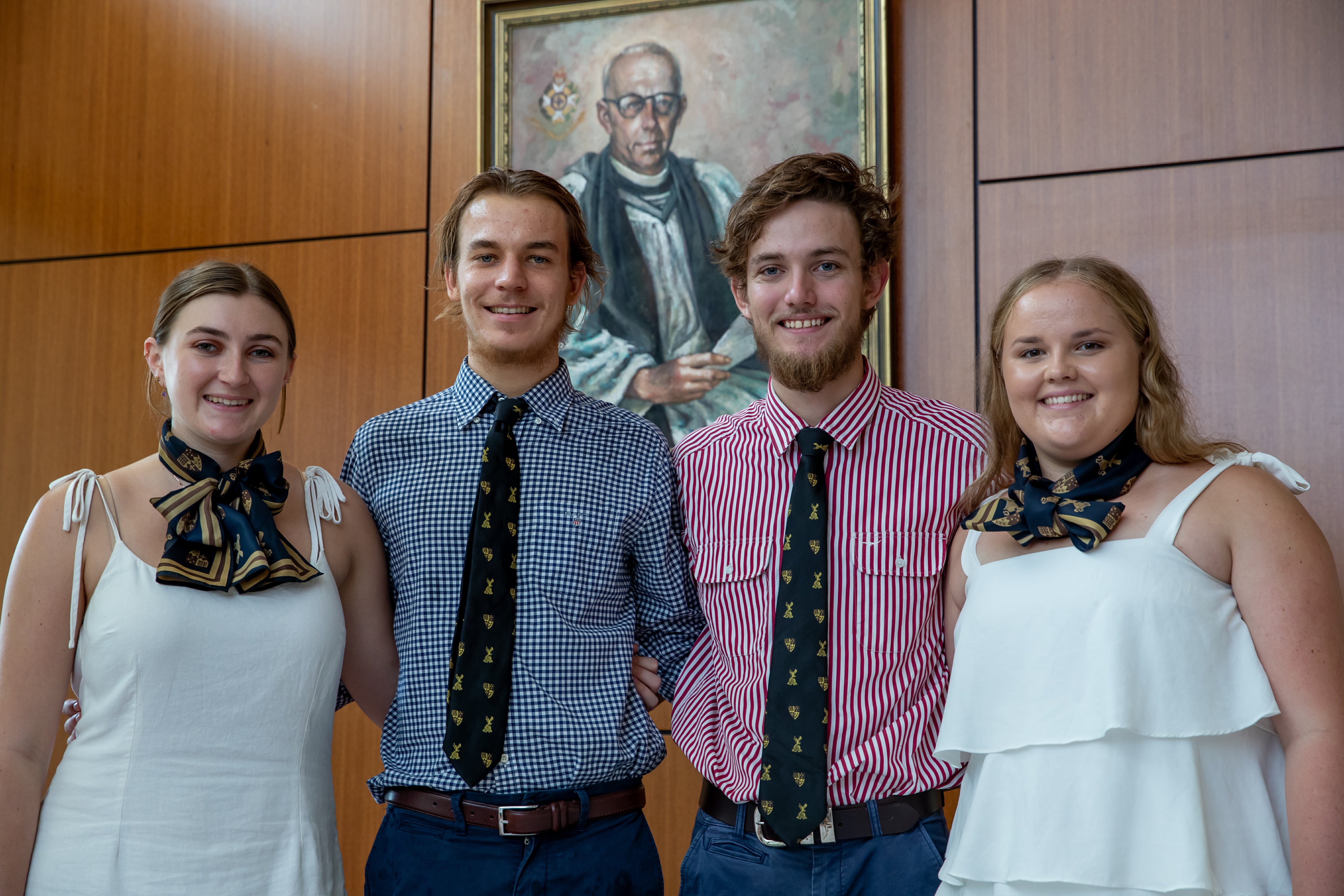 The student club on welcome day in college scarves and ties